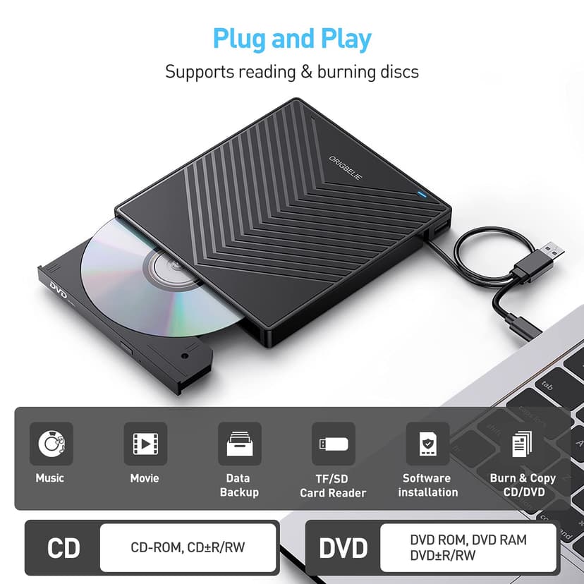 ORIGBELIE External CD DVD Drive, Ultra Slim CD Burner USB 3.0 with 4 USB Ports and 2 TF/SD Card Slots, Optical Disk Drive for Laptop Mac, PC Windows 11/10/8/7 Linux OS - 4