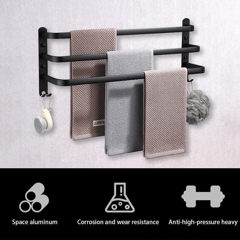 HONPHIER Towel Rails Wall Mounted 3 Tier Towel Rack With Hooks Space Aluminum Towel Rack Bathroom Towel Holder No Fading Towel Shelves For Kitchen Bathroom Toilet Hotel Office (Black, 50CM) - 4