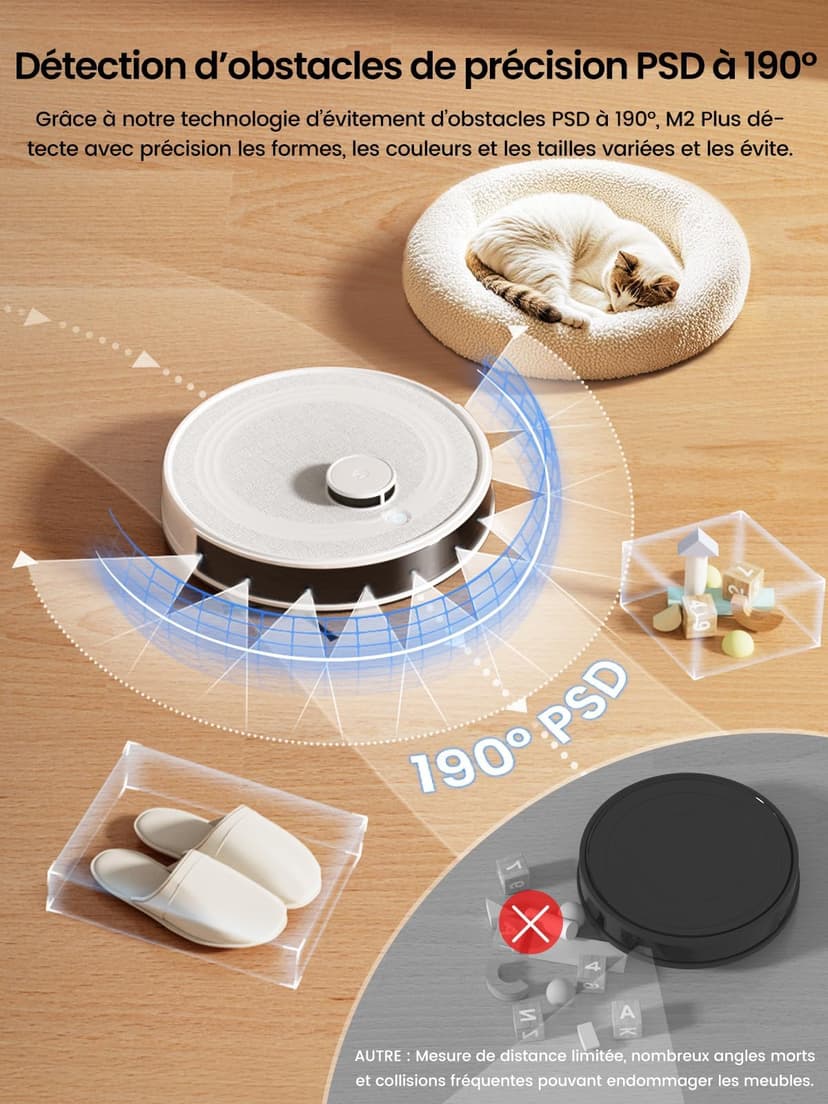 Lefant M2 Plus Robot Aspirateur Laveur 6000Pa avec Station Vidage Automatique Poussière,Navigation Laser avec Cartographie,Évitement d'obstacles PSD,140min,Idéal pour Poils d'animaux - 4