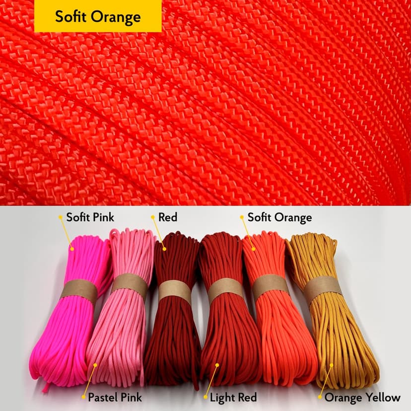 EdcX Paracord 4 mm, 35+ Couleurs Unies (10 m, 15 m, 30 m, 50 m, 100 m, 300 m) | Idéal pour l'artisanat, Le Camping, la Survie | Corde 100% Nylon 4 mm | Cordon 550 Type III (Sofit Orange, 50 m) - 2