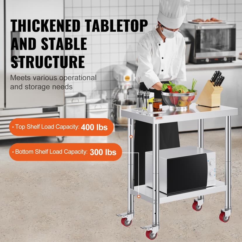 VEVOR Work Table 30 x 18 x 34 Inches Stainless Steel Catering Work Table 100 kg for Load Capacity Food Preparation Table Commercial Work Table for Kitchen Bar Restaurant 4 Adjustable Feet, Metallic - 3