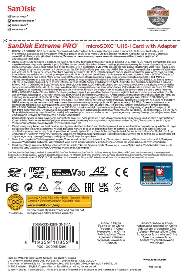 SanDisk 128GB Extreme PRO microSDXC card + SD adapter + RescuePro Deluxe, up to 200 MB/s, with A2 App Performance, for smartphones, action cameras or drones UHS-I Class 10 U3 V30 - 6