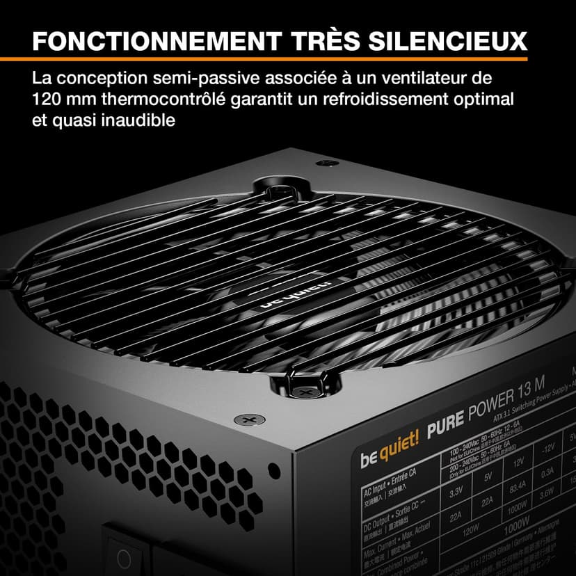 be quiet! Pure Power 13 M 1000W Bloc d’Alimentation, Certification 80 Plus® Gold, Alimentation ATX 3.1, pour Les Cartes Graphiques PCIe 5.1, Ventilateur Semi-Passif 120 mm signé be quiet! - 2