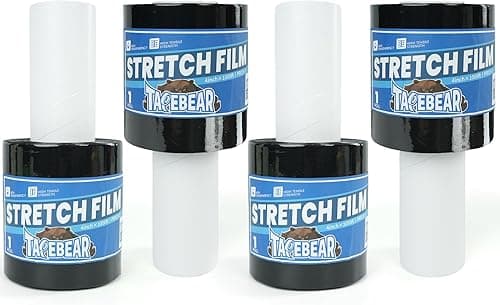 TAPEBEAR Black Stretch Wrap Film 100mm x 305m Shrink Wrap Roll with Handle, 60 Gauge Thick Durable Self-Adhering Plastic Wrap Industrial Strength Pallet Shrink for Moving, Packing, Storage