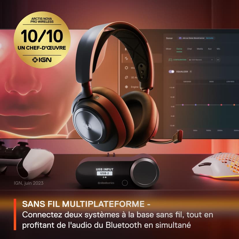 SteelSeries Arctis Nova Pro Wireless - Casque gaming multi-système - Haut-parleurs magnétiques en néodyme - ANC - Autonomie illimitée - Micro ClearCast Gen 2 - PC, PS5, PS4, Switch, Mobile - 2