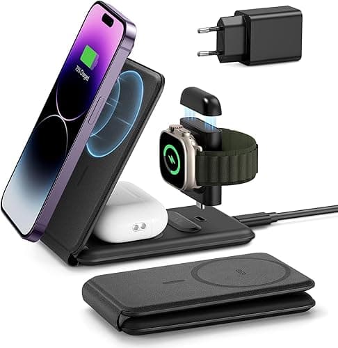 ESR Chargeur de Voyage 3 en 1, Compatible avec Chargeur MagSafe, Apple Watch Certifié, Station de Charge Pliable Made for MagSafe et iPhone 17e/17/16/15/14/13/12/AirPods Pro avec Adaptateur, Noir