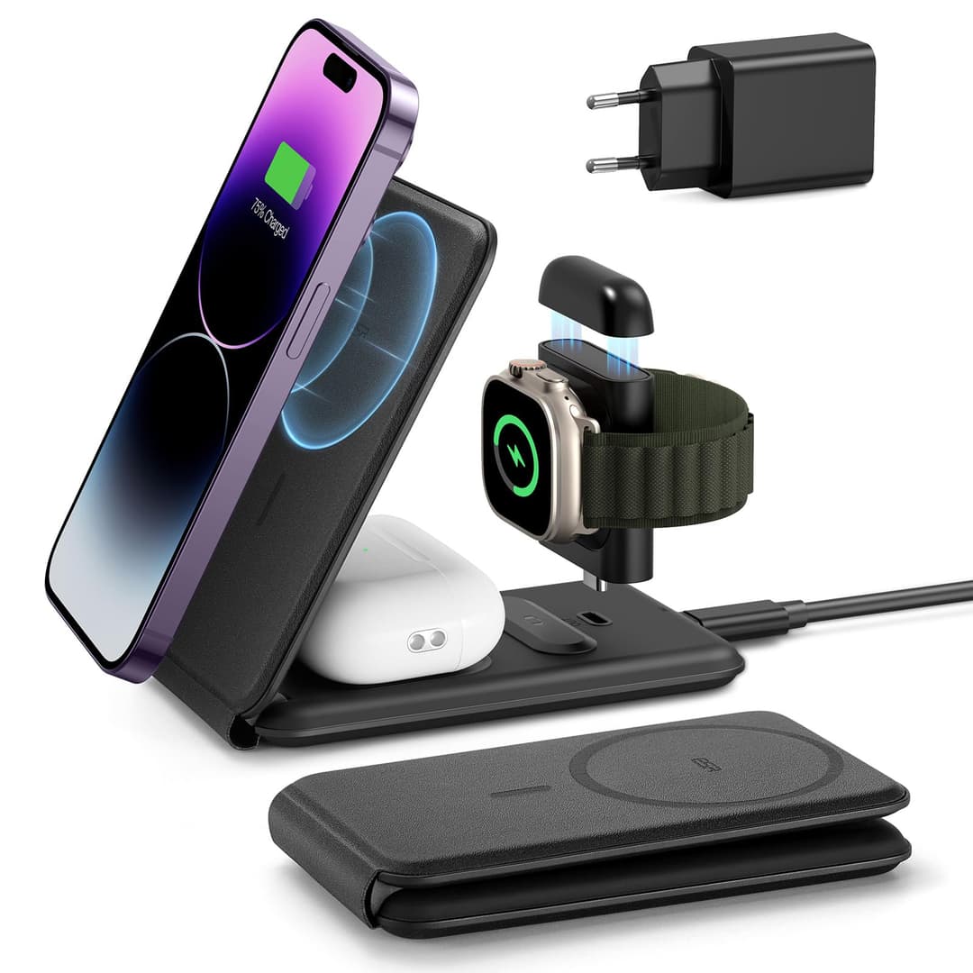 ESR Chargeur de Voyage 3 en 1, Compatible avec Chargeur MagSafe, Apple Watch Certifié, Station de Charge Pliable Made for MagSafe et iPhone 17e/17/16/15/14/13/12/AirPods Pro avec Adaptateur, Noir