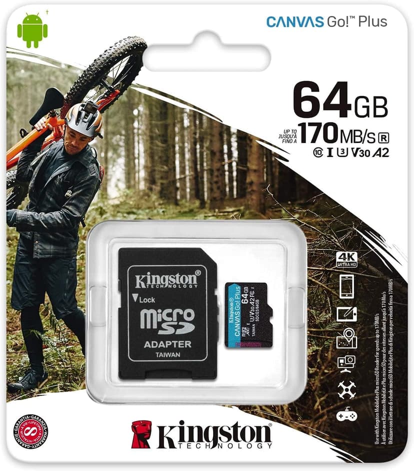 Kingston 64GB microSDXC Canvas Go Plus 170MB/s Read UHS-I, C10, U3, V30, A2/A1 Memory Card + Adapter (SDCG3/64GBCR) - 1