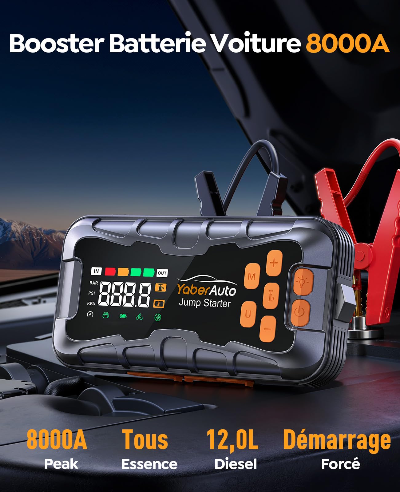 16-IN-1 Jump Starter Power Pack 27000mAh 7000A with Air Compressor 160PSI, Car Battery Booster Jump Starter (All Gas/14L Diesel/Hybrid) with Tire Repair Kit, Hook Stone, Tow Rope,Gloves, 800 Lumen - 2