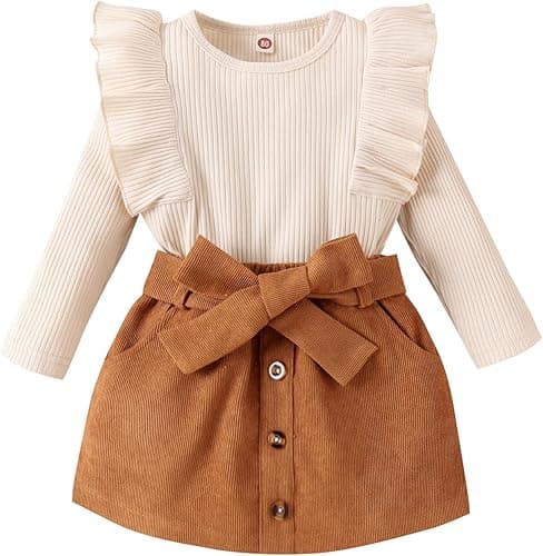 Geagodelia 2Pcs Baby Girl Outfit Clothes Set Newborn Toddler Clothing Long Sleeve Shirt Top + Skirts Spring Autumn Baby Grows 0-4 Years (Beige & Khaki, 6-12 Months)