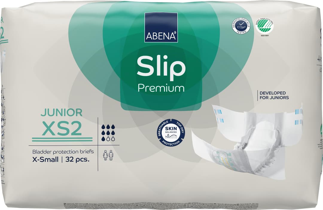 Abena Slip Premium Junior Nappies, Eco-Labelled Nappy Pants, Enhanced Leakage Protection, Secure & Comfortable Nappy Pants For Children - Size 7 / XS2, 40-60cm Waist Age 5-15, 1x 32PK