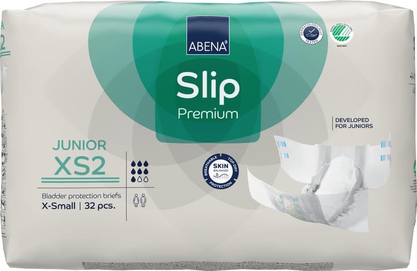 Abena Slip Premium Junior Nappies, Eco-Labelled Nappy Pants, Enhanced Leakage Protection, Secure & Comfortable Nappy Pants For Children - Size 7 / XS2, 40-60cm Waist Age 5-15, 1x 32PK - 1