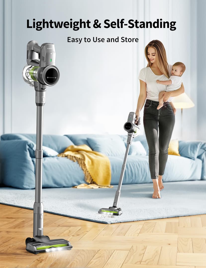 kalado Cordless Vacuum Cleaner KCV01, 26KPA 250W Hoover Cordless, 40 Mins Runtime Removable Battery, Lightweight Self-standing Stick Vacuum Cleaner with LED Display For Hardwood Floor, Carpet (Green) - 2