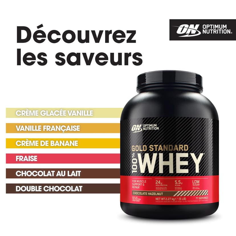 Optimum Nutrition Gold Standard Whey Muscle Building and Recovery Protein Powder with Naturally Occurring Glutamine and Amino Acids, Chocolate Hazelnut, 71 Servings, 2.27kg, Packaging May Vary - 5
