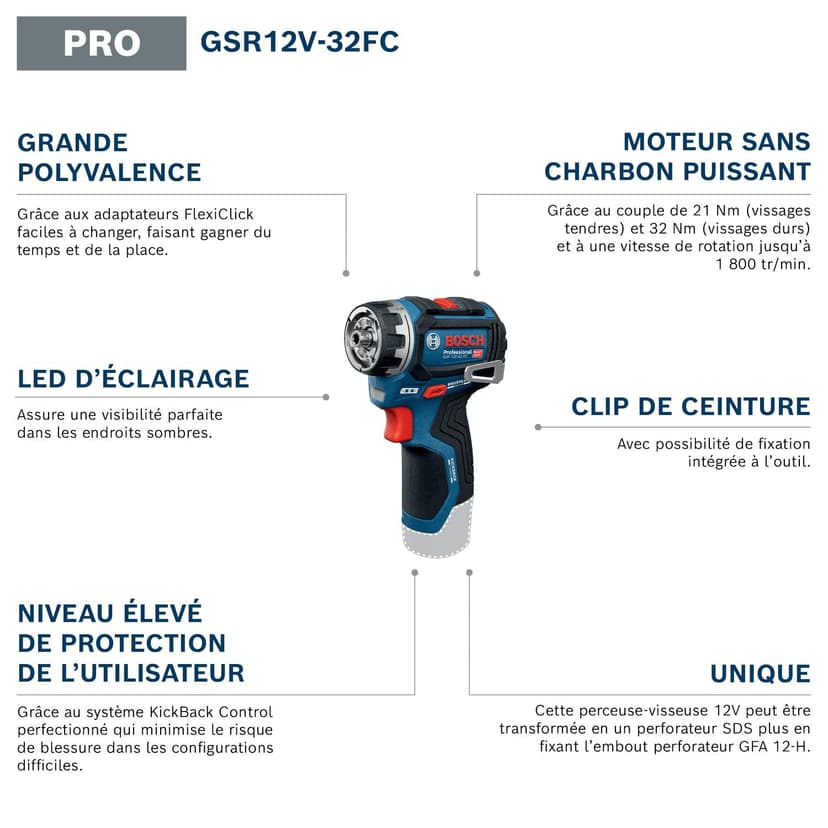 Bosch PRO 12V System Cordless Drill Driver GSR12V-32FC (incl. GFA 12-M, GFA 12-X, GFA 12-E, GFA 12-W, GFA 12-H, Aux. Handle, Depth Gauge, L-BOXX) - 2