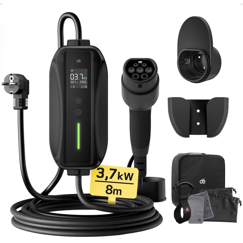 dé 3.68kW 8mT EV Charger - Type 2 Schuko, 16A, 230V AC, Portable, Compatible with Most PHEVs/BEVs - 1
