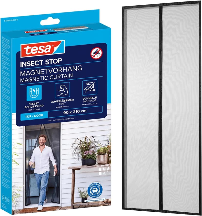 tesa Insect Stop Magnetic Curtain - self-Closing - Insect Screen Curtain with Magnets for Balcony and Patio Doors - for Easy Installation Without Drilling - 2.1 m x 0.9 m - 1