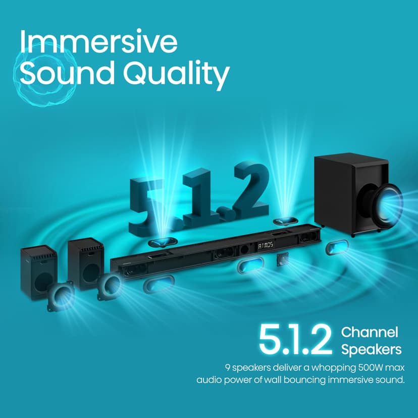 Hisense AX5125H 5.1.2 Channel 500W Dolby Atmos Soundbar with Wireless Subwoofer& Up Firing Speakers& Turly Wireless Rear Speakers - 6