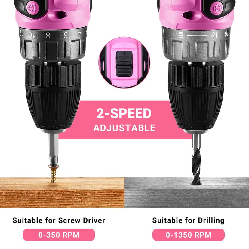 DEKOPRO Cordless Drill 20 V Pink Electric Screwdriver - Pink Screwdriver for Women - Complete Kit with 2 x 1.5Ah Batteries and Charger - 6