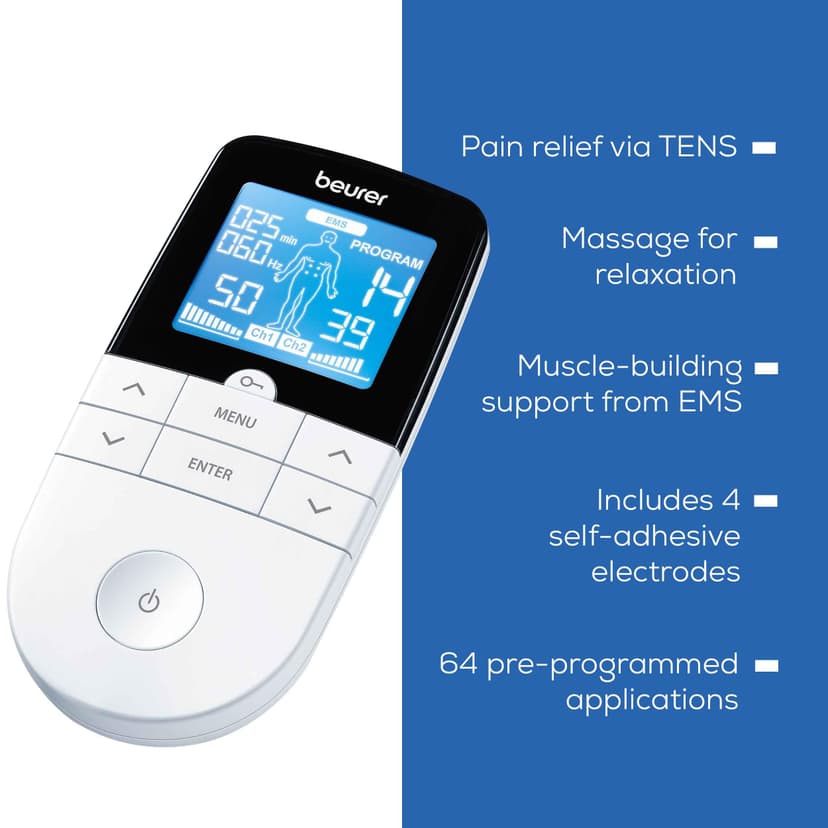 Beurer EM49 PainFree Digital TENS and EMS Machine | Drug-free natural pain relief | 3-in-1 pain relief, rehabilitation and massage | 70 training programmes | 2 channels | 4 self-adhesive electrodes - 8