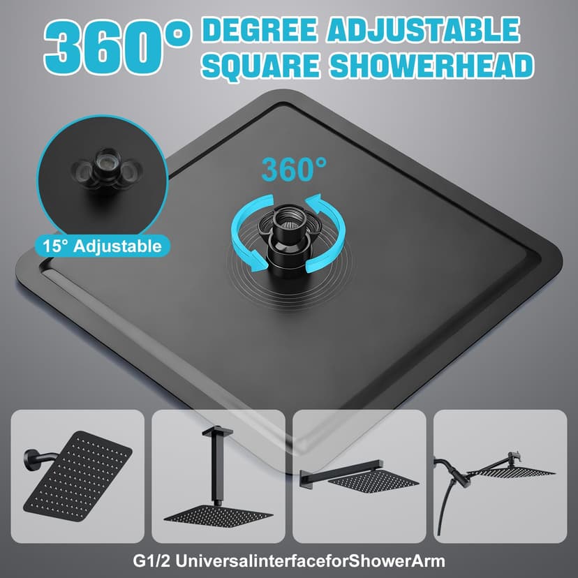 Moshiqgaol Tête de Douche Carré en Acier Inoxydable 30 x 30CM, Pommeau de Douche Haute Pression avec 144 Buses en Silicone Anti-Calcaire, Rotation 360°, Économiseur d'Eau, Installation Facile(noir) - 6