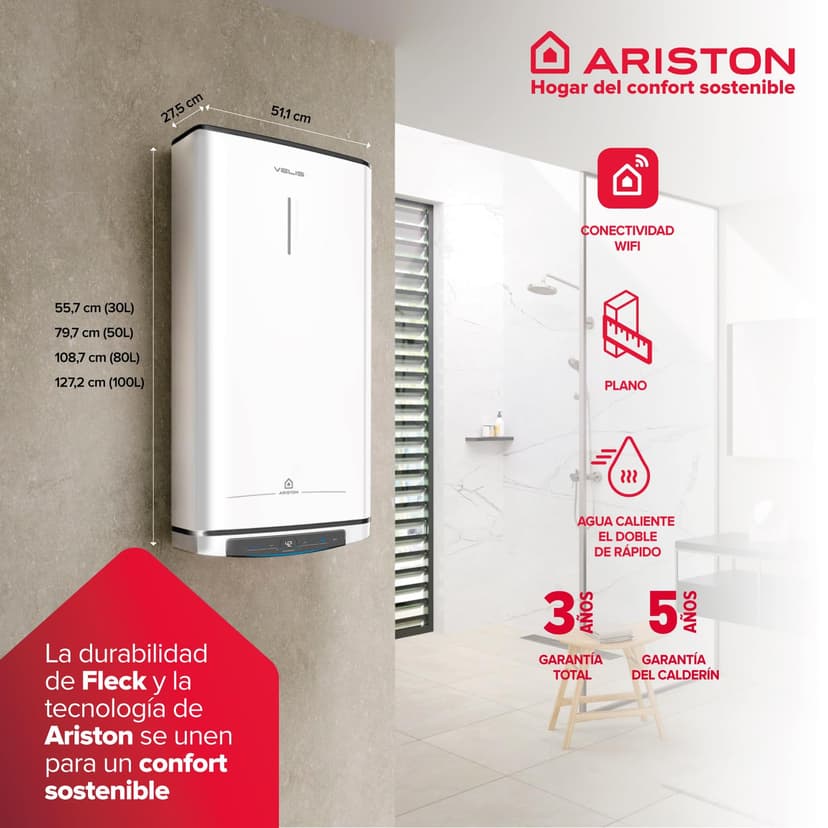 Ariston Velis Pro Wifi Electric Water Heater Low Power Consumption Multiple Positions 100L Flat with Wi-Fi and ECO EVO Function, 127.2 x 27.5 x 51.1 cm, for Installation in Spain - 3