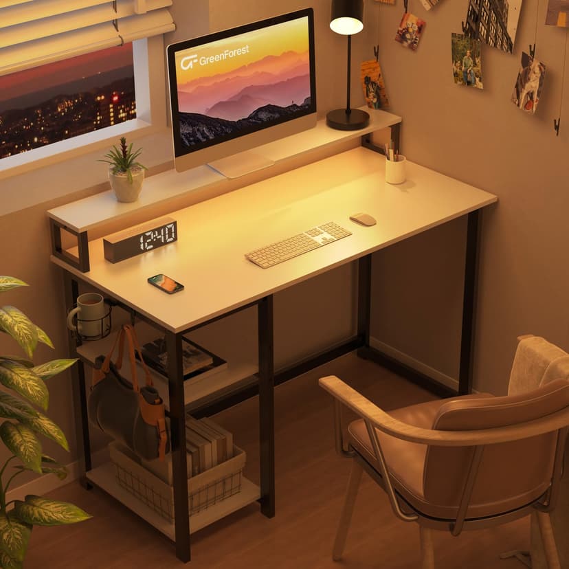 GreenForest Office Desk with Full Monitor Stand,100 cm Home Computer Desk with Reversible Storage Shelves,Small Study Desk with Headphone Hook and Cup Holder,White - 8