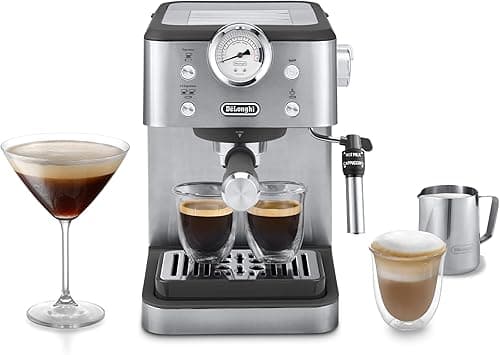 De'Longhi Linea Classic EM450.M Machine à café manuelle avec tige vapeur, machine à expresso avec pompe barista, buse pour cappuccino, filtre double paroi, 15 bar, tasse jusqu'à 13 cm, acier