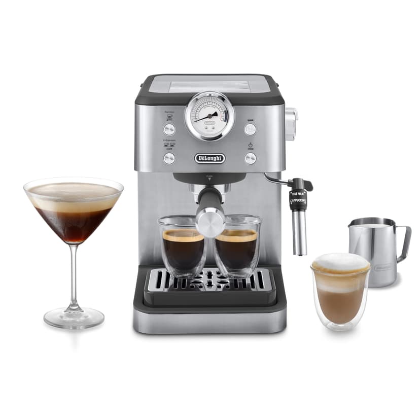 De'Longhi Linea Classic EM450.M Machine à café manuelle avec tige vapeur, machine à expresso avec pompe barista, buse pour cappuccino, filtre double paroi, 15 bar, tasse jusqu'à 13 cm, acier - 1