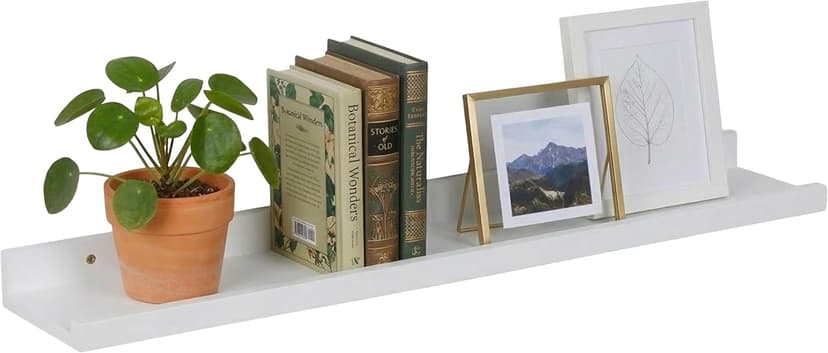 Relaxdays Wall Shelf, H x W x D: 5 x 80 x 15 cm, Walnut Wood, Floating Shelf for Picture Frames & Decoration, Picture Rail Wall, White - 1