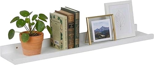 Relaxdays Wall Shelf, H x W x D: 5 x 80 x 15 cm, Walnut Wood, Floating Shelf for Picture Frames & Decoration, Picture Rail Wall, White