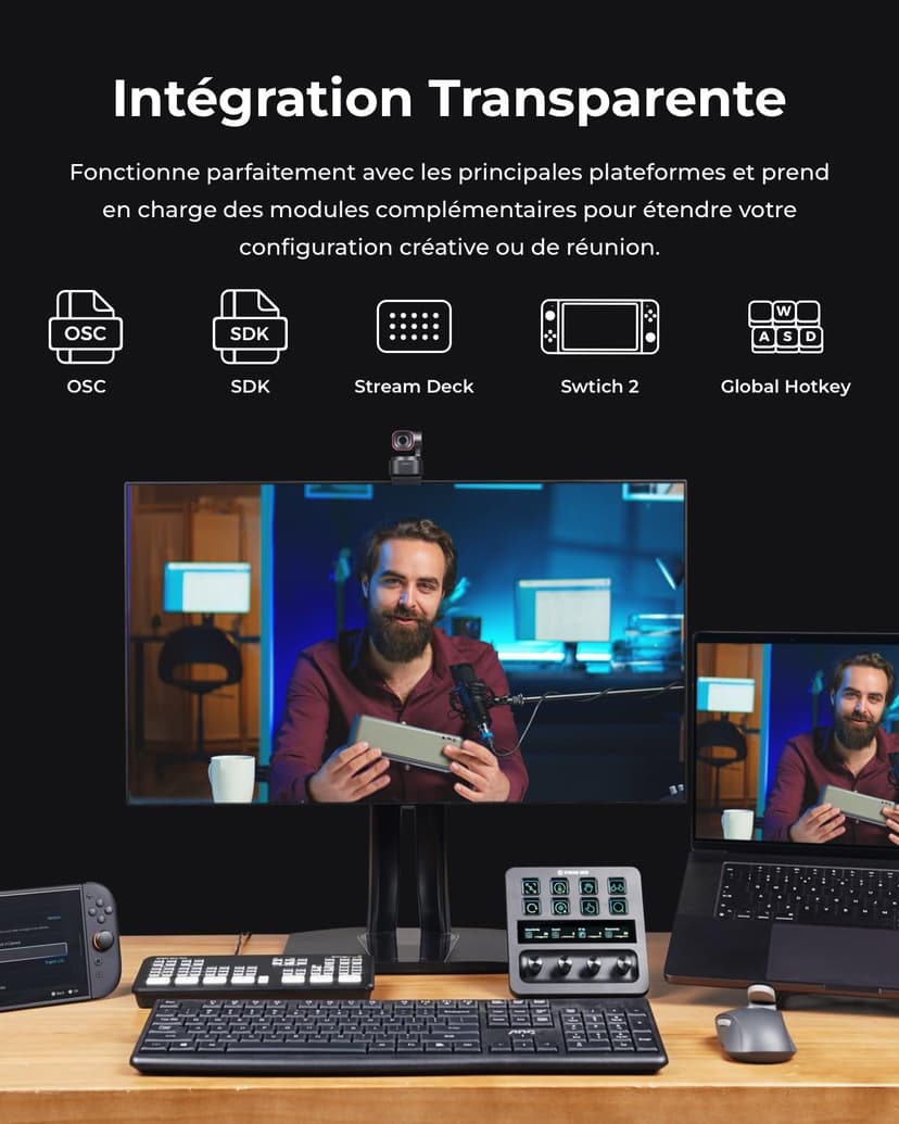 OBSBOT Tiny 3 AI-Powered Spatial Audio 4K Webcam, Caméra PTZ AI Tracking, Capteur 1/1,28", Tri-Mic, Controllo Vocale & Gestuale, 120FPS, HDR, Web cam pour PC, Portable, Streaming & Meeting, Switch 2. - 9