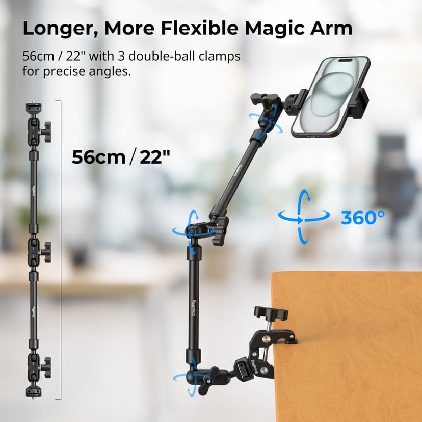 SMALLRIG 22" Magic Arm w Clamp, Flexible Desk Camera Mount & Clamp, Articulating Friction Boom Arm w Thread Adapter, for Light, Webcam, Mic, Action Camera - 4766 - 3