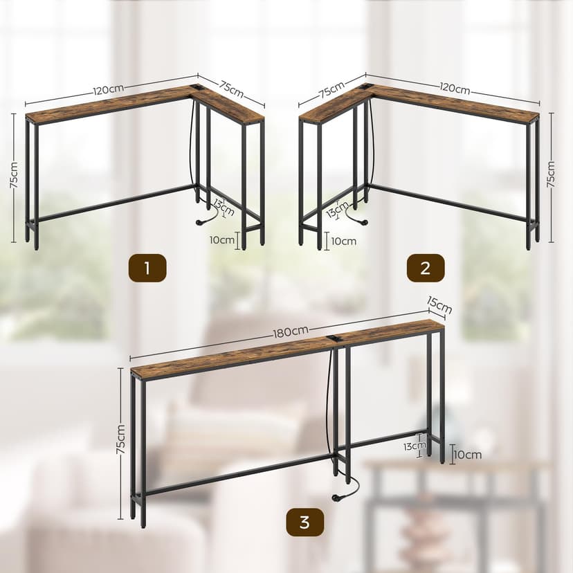 YATINEY Narrow Console Table Entrance Table 15cm Wide Hallway Table 1AC and 2 USB Ports Living Room Hallway Behind Sofa 3 Combination Modes Vintage Brown and Black XCT07CBR - 3