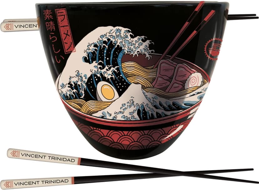 Pyramid International Vincent Trinidad Ramen Set with Bowl and Chopsticks (Great Wave Design) 18oz Ceramic Bowl, Pair of Lacquered Wooden Chopsticks - Official Merchandise (GP85782) - 1