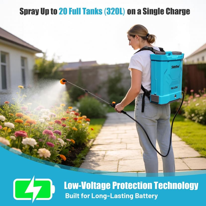 SideKing Pulvérisateur Électrique à Dos 16L, Pulvérisateur de Jardin Pression Réglable Jusqu’à 8,3 Bars, 2 Lances, Dossier Ergonomique, 5 Buses, Pulvérisateur Toiture Nettoyage Anti-Mousse & Façade - 4