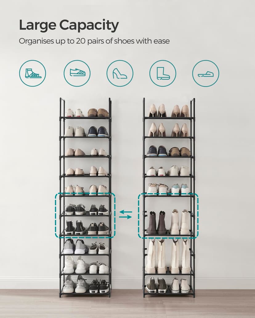 SONGMICS 10-Tier Shoe Rack, Shoe Stand, Space-Saving Shoe Storage, 45 x 28 x 173 cm, Metal Frame, Non-Woven Fabric Shelves, for Hallway, Bedroom, Black LSH010B02 - 3