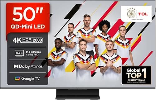 TCL 50C7K QD-Mini 50" 4K HDR Premium 2000 Smart Google TV with 144Hz Motion Clarity Pro (Dolby Vision IQ & Atmos, HVA Panel, Game Master)