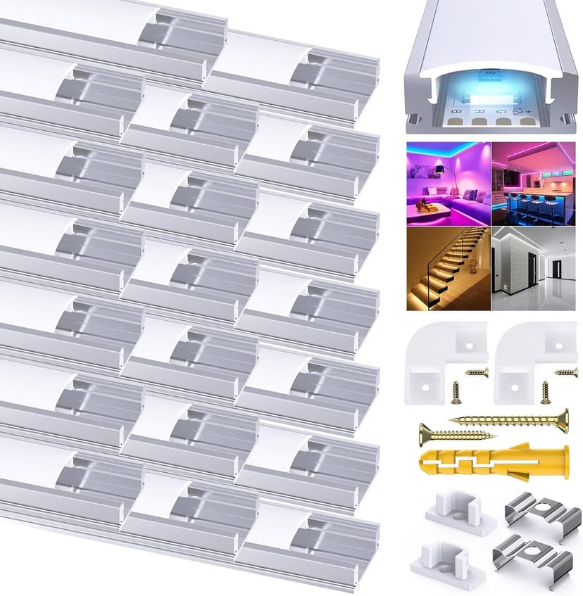 Chesbung 6 Pack U Shape Led Aluminum Profile for LED Strips, 1Meter/3.3ft Led Aluminum Channel with Milky White Cover, Led Track Diffusers with End Caps, Mounting Clips and 90 Degree Corner Connector - 1