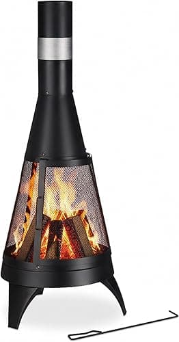 Relaxdays Cheminée de terrasse, avec Pare-étincelle, avec Grille et tisonnier, HxD : 120 x 47 cm, braséro Jardin, Noir