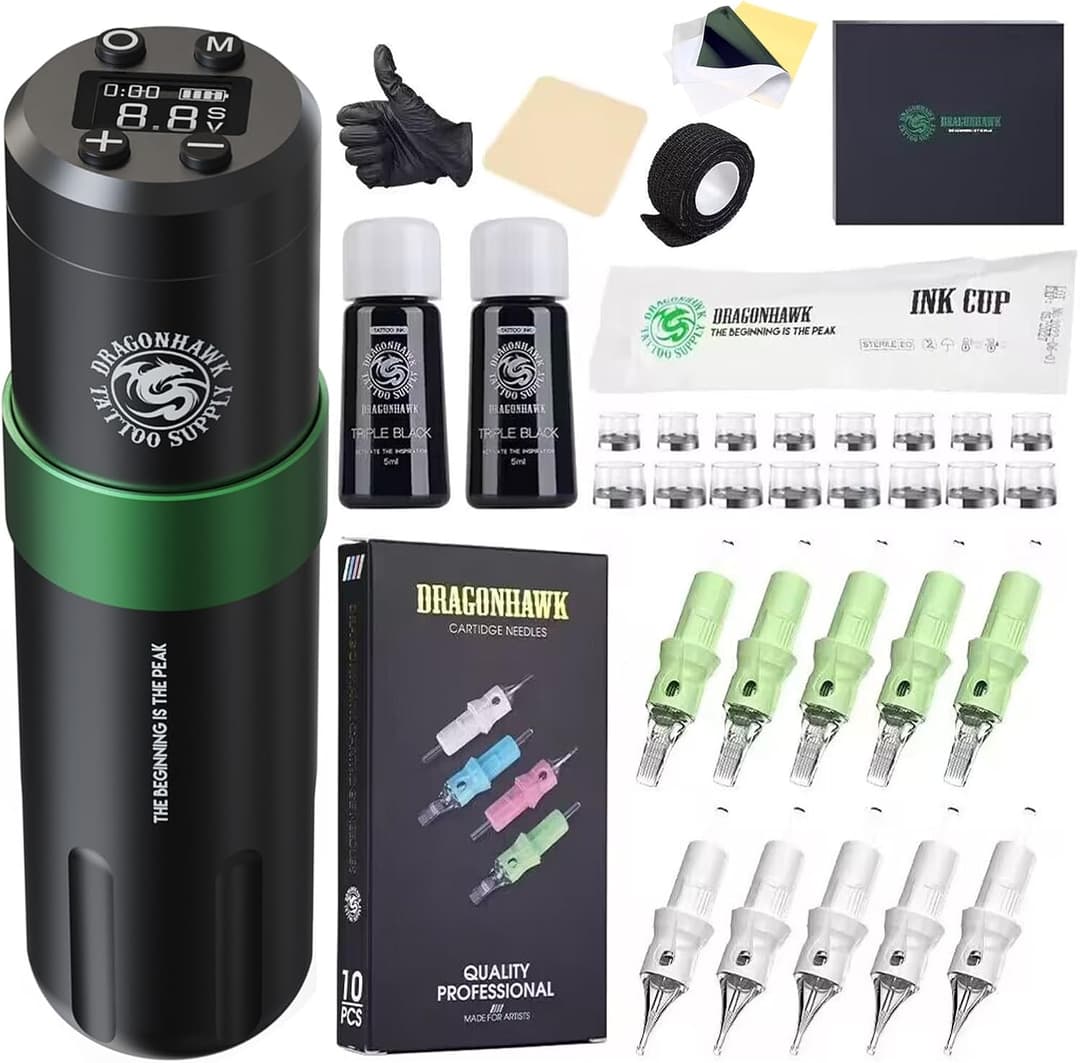 Dragonhawk Tattoo Kit Wireless Tattoo Pen Machine Rotary Gun with 1500mAh Battery 3.5mm Stroke Length 20 Piece Tattoo Needles Ideal for Beginners