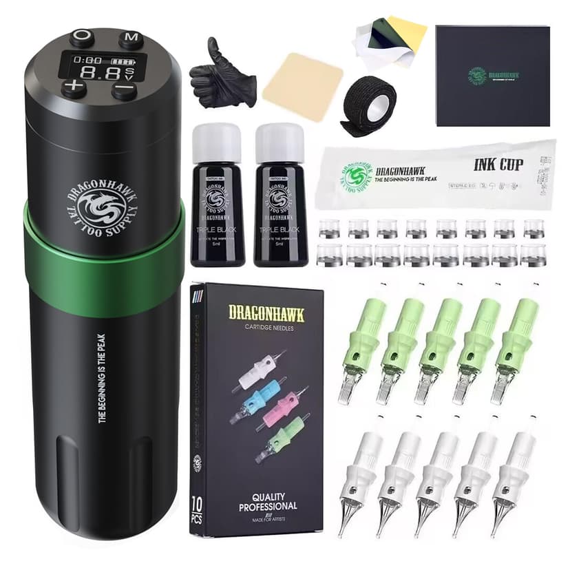 Dragonhawk Kit Tatouage de Machine à Tatouer Rotatif Sans fil avec 1500mah Batterie 3.5mm Stroke Length de 20pcs Aiguilles Power Supply for Tattoo Artists - 1