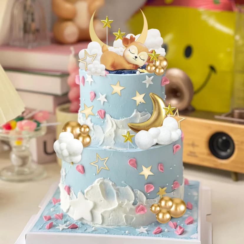 33 Pièces Deco Gateau Bebe Decoration,Cake Topper Lune Étoiles Nuages avec Faon, Décoration de Gâteau pour Bébé, Décoration Gateau Anniversaire Garçon Fille, Décorations de Fête Prénatale - 4