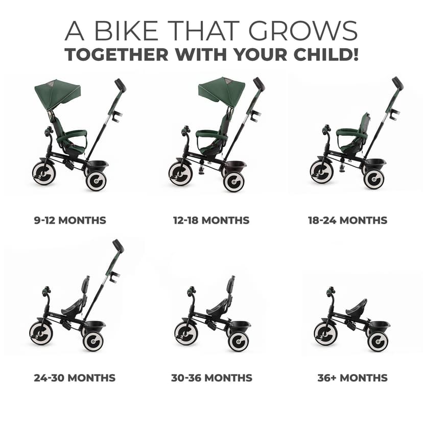Kinderkraft Aston Tricycle, Baby Push Trike, Kids First Bike, Free Wheel Functions, Parenthandle, Footrest, Accessories, Bag, Cupholder, from 9 Months to 5 Years, Green - 2
