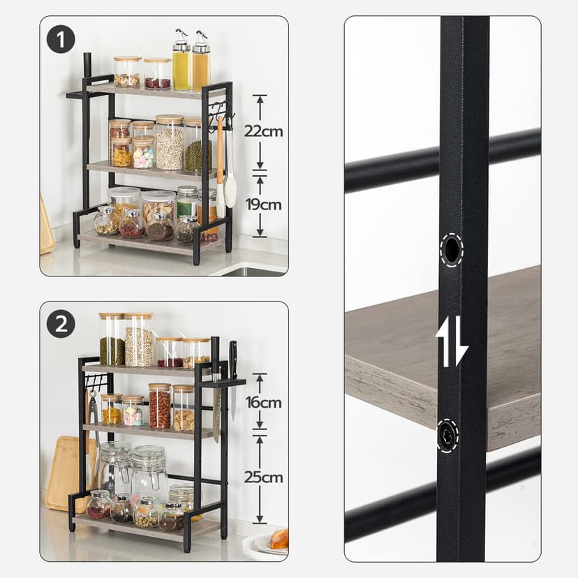 HOOBRO Étagère à Épices, Porte-épices avec 3 Crochets, Organisateur de Cuisine à 3 Niveaux, Range-épices avec Porte-Couteaux, Pieds Réglables, pour Salle à Manger, Grège et Noir, EBG01TL01 - 5