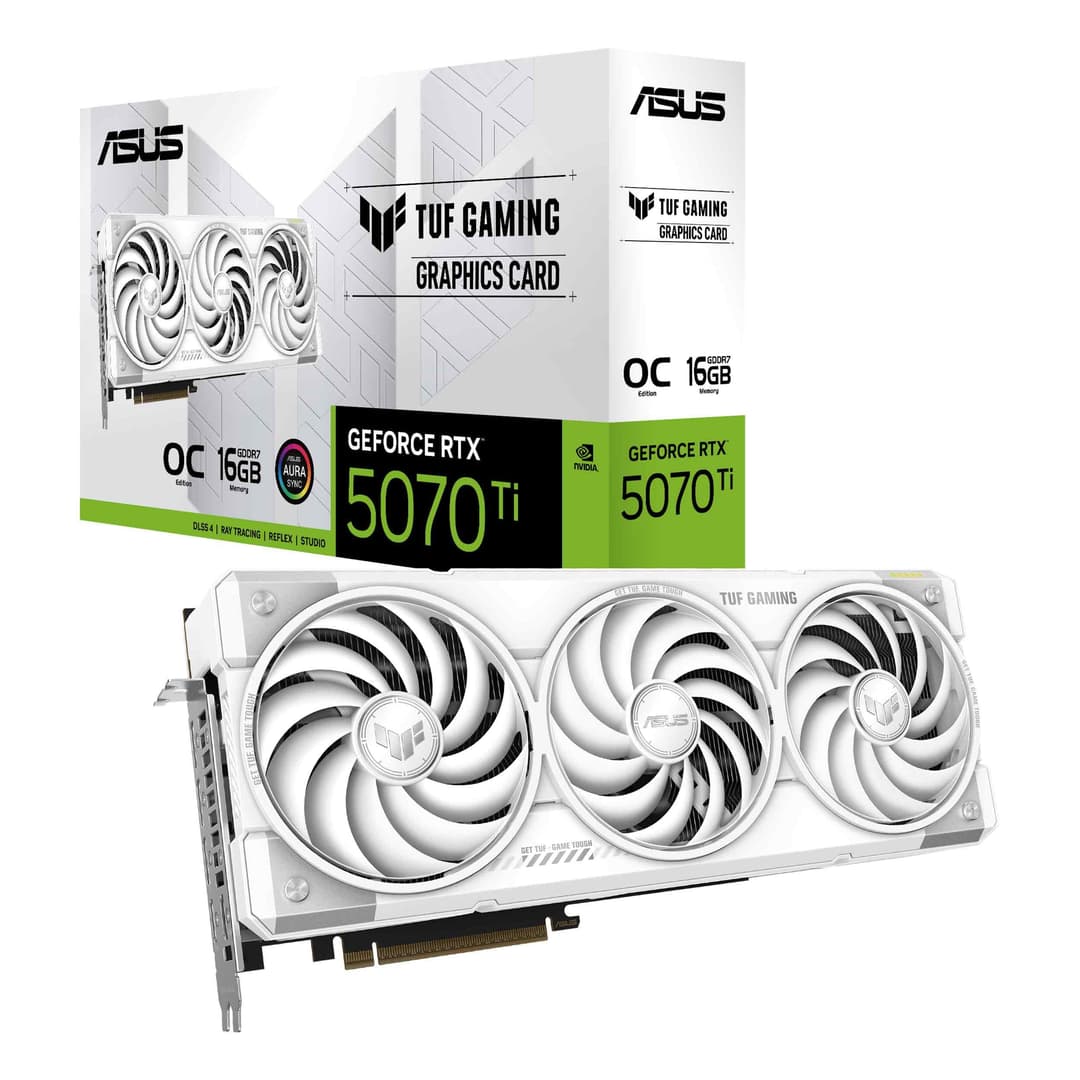 ASUS TUF Gaming GeForce RTX 5070 Ti 16GB GDDR7 OC Edition (Blanc) – Carte Graphique Gaming (PCIe 5.0, HDMI, Display 2.1, 3.125 Slot, Ventilateurs axiaux, revêtement Protecteur PCB)