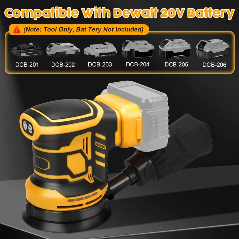 Roadtime Ponceuse Excentrique pour DeWalt 18V Battery (San Batteries),125 mm Ponceuse Orbitale aléatoire sans fil, 3 vitesses 7000-11000pm avec récipient de capture de poussière et 15 papier de verre - 7