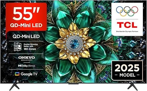 TCL 55Q6C QD-Mini LED TV, 4K HDR Premium 1000nits, Smart TV alimenté par Google (Dolby Vision IQ et Atmos, système Audio Onkyo 2.1, Motion Clarity Pro 144Hz, contrôle Vocal Mains Libres)