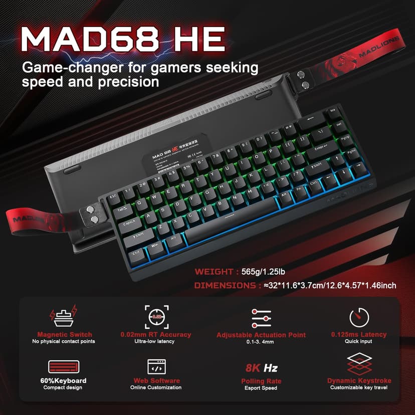 YUNZII x MADLIONS MAD68 HE Rapid Trigger Wired Magnetic Mechanical Gaming Keyboard 60% Hall Effect Switches Adjustable Actuation, PBT Keycaps RGB Hot-Swap,8K Hz Polling Rate(Black,Amber Pro Switch) - 2