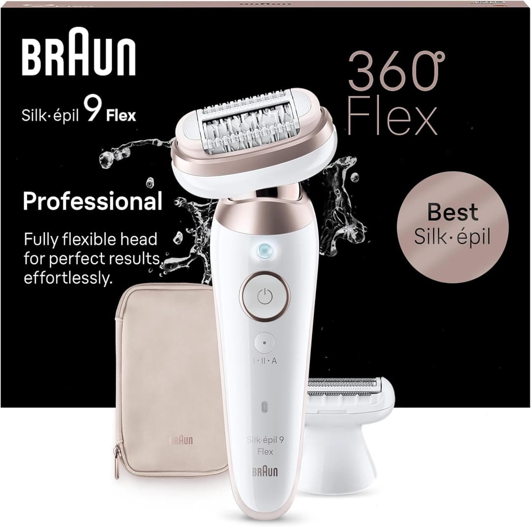 Braun Silk-épil 9 Flex, Epilator with 360 Degree Flexible Head for Easy Hair Removal, Wet & Dry, Lasting Smooth Skin, with Lady Shaver Head & Trimmer Comb, 9-030 3D, White/Rose Titan